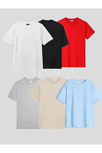 VENHENA 6-Piece Unisex Oversize T-Shirt Set - Baby Blue, Red, Black, White, Beige, Gray