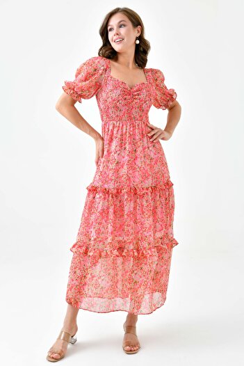 lovebox Pink Midi Evening Dress - Floral Pattern, Degaje Collar, Princess Sleeve, Layered Design 3230