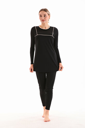 BEMOL GİYİM Black Hijab Swimsuit - Full Covered, Long Sleeve, Cream Piping