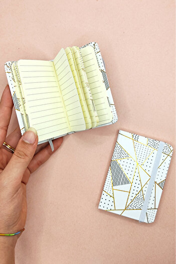 Limmy White Geometric Patterned A7 Notebook - Elastic Pocket