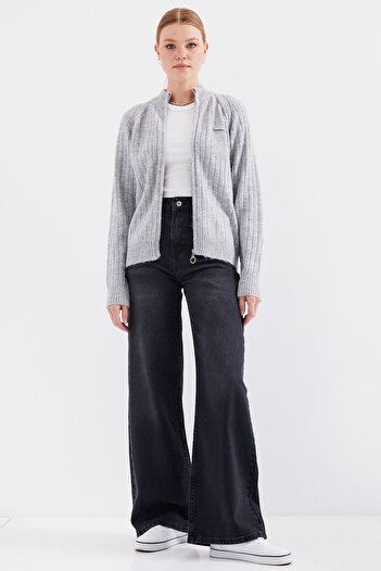 Bigdart 15880 Model Gray Knitwear Zippered Cardigan