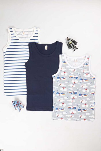 MADALİNA Boy's 95% Cotton Striped Patterned 3-pack Undershirt