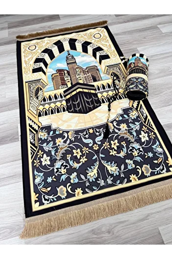 AYHANHOME Gift Dowry Bag Digital Print Prayer Rug Set with Prayer Beads Luxury Taffeta Prayer Rug