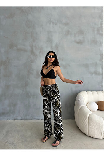Ozy Fashion High Waist and Pocket Flared Linen Summer Trousers - Dark Green/Beige