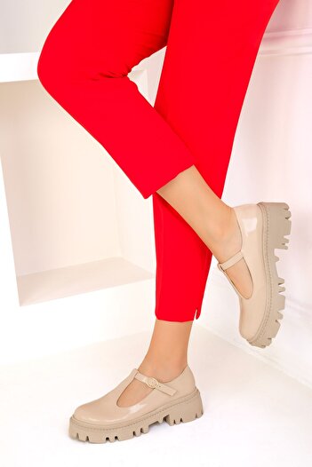 SOHO Beige Patent Leather Women's Loafer Shoes 18590