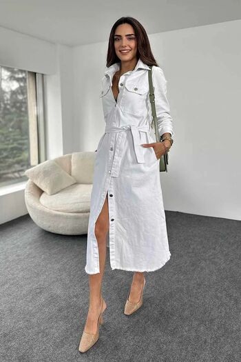 Lady Pixie Etek Ucu Detaylı Kuşaklı Midi Denim Elbise