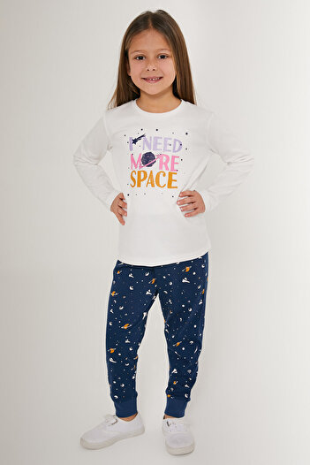Rolypoly Need More Space Beyaz Kız Çocuk Uzun Kol Pijama Takım