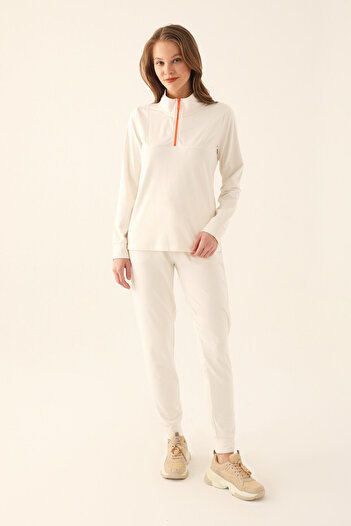 Arnetta Zipper Detail White Women's Long Sleeve Pajama Set