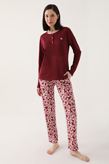 Arnetta Buttoned Claret Red Women's Long Sleeve Pajama Set