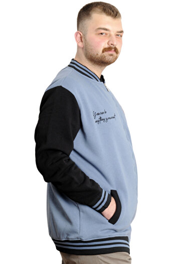 ModeXL Mode XL Büyük Beden Erkek Kolej Mont Fermuarlı Nakışlı Ceket 23633 Mavi