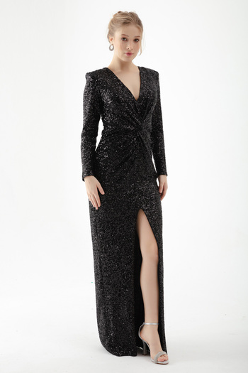 Lafaba Women's Black Double Breasted Collar Sequined Long Evening Dress