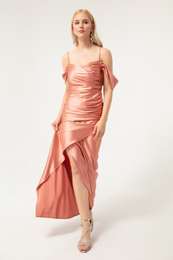 Lafaba Women's Salmon Thin Strap Double Breasted Neckline Slit Long Evening Dress