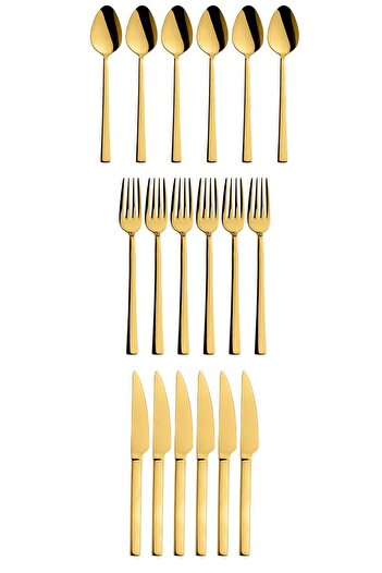 Kitchen Design Lab Gold 18 Adet Tatlı Çatal Kaşık Bıçak Seti - Kahvaltı Pasta Çatal Kaşık Bıçak Seti