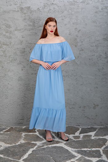 Azra Style Rochie lungă din șifon pentru femei, cu guler, albastru bebeluș, cu volane 4009