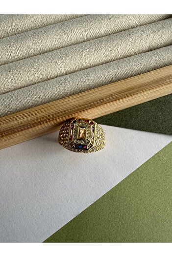 ringbox Limited Edition Gold Çok Renkli Taşlı Dörtgen Yüzük