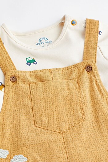 Next Baby % 100 Pamuklu Sarı Traktör Desenli Salopet Body Zıbın Set