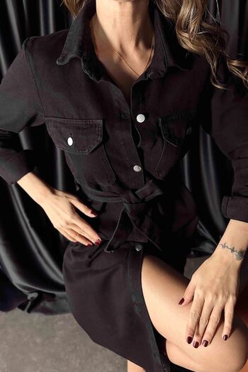 Lady Pixie Etek Ucu Detaylı Kuşaklı Midi Denim Elbise