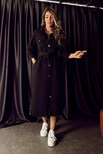 Lady Pixie Rochie midi din denim cu curea cu detaliu la tiv