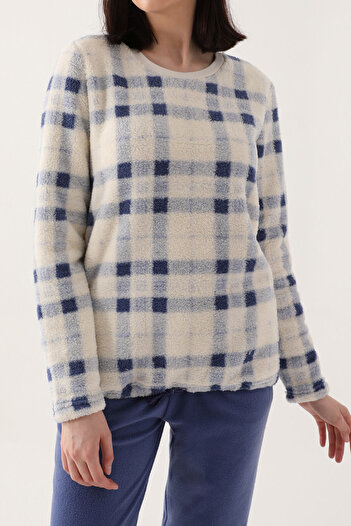 Arnetta Checkered Stripes Mavi Kadın Uzun Kol Pijama Takım