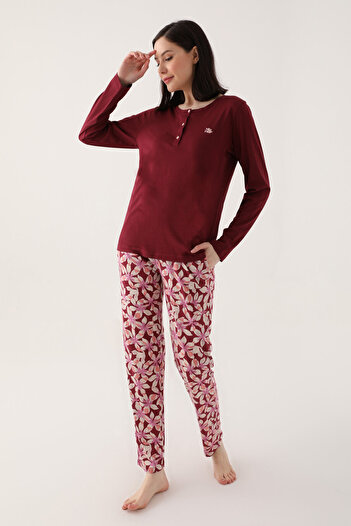 Arnetta Buttoned Claret Red Women's Long Sleeve Pajama Set