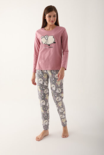 Arnetta White Sheep Pink Women's Long Sleeve Pajama Set