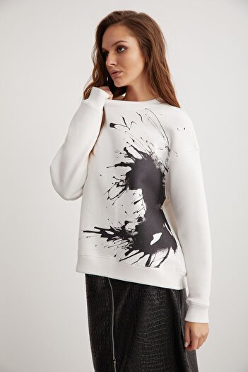 GRIMELANGE Φούτερ Ibbie White Crew Neck Fleece - Soft Piece Printed