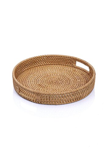 Koza Home Meander Handmade Round Small Size Rattan Multi-Purpose Tray with Handle 30cm 8982