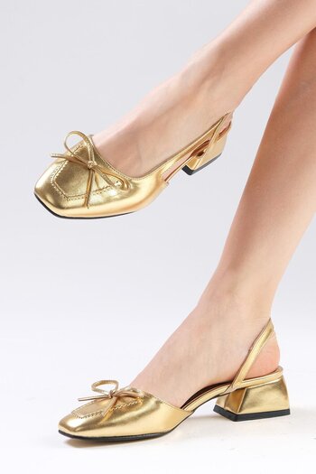 Mio Gusto Bria Gold Color Open Back Women's Short Heeled Shoes