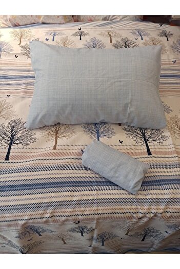 ŞENER HOME New Tree of Life Patterned Bed Sheet with Elastic Double Pique Set - Blue