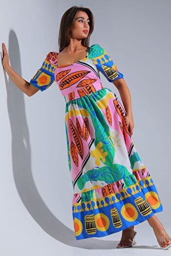 julude Colorful Women's Square Collar Poplin Summer Long Dress