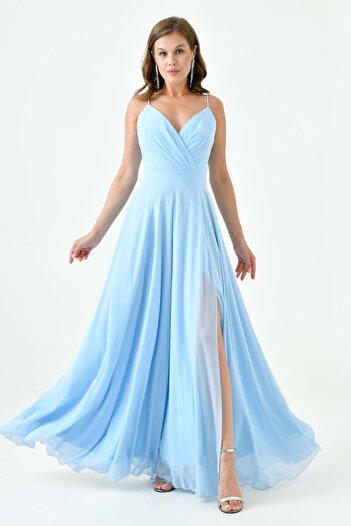 lovebox Baby Blue Maxi Length Chiffon Evening Dress - Double Breasted Collar and Slit Detail 1524