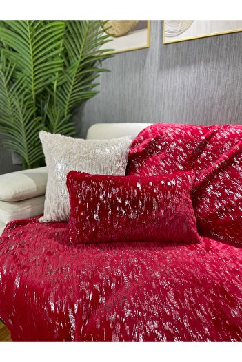 Paris Life Tavşan Peluş Gümüş Varak Baskılı Koltuk Örtüsü & Şalı  - Kırmızı