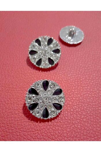 İMREN AKSESUAR 2 Cm Gray Metallized - Black Enamel Button with Crystal Stones 1 Pack 4 Pieces