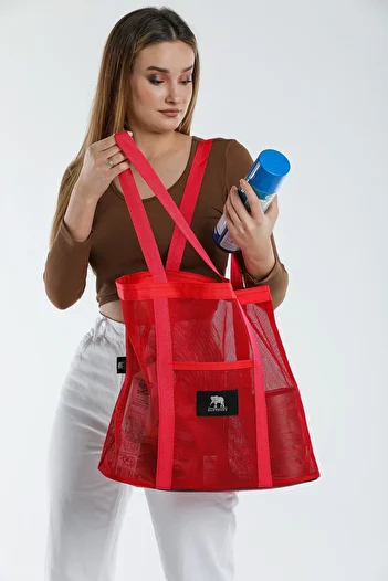 ELEPHANT ÇANTA Ribbed Red Pocket Mesh Beach Bag