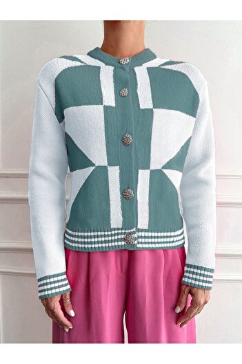 Puella Women's Knitwear Cardigan Bone Knitwear Cardigan Green Knitwear Cardigan Geometric Patterned Knitwear Cardigan