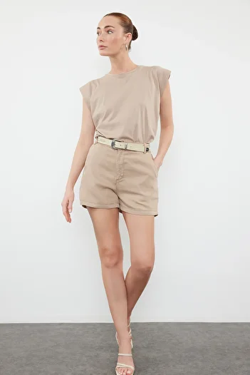 Trendyol Collection Mink Ribbed Denim Shorts Twoss24Sr00206