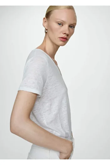 MANGO Woman Linen V-Neck T-Shirt