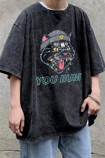 Touz Moda Футболка з принтом You Bum Cat Unisex Oversize Vintage Tumbled, що миється