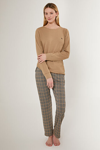 Arnetta Detailed Nice Light Brown Women's Long Sleeve Pajama Set