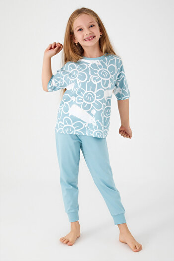 ROLY POLY Rolypoly Flowers Turquoise Girl's Short Sleeve Pajama Set