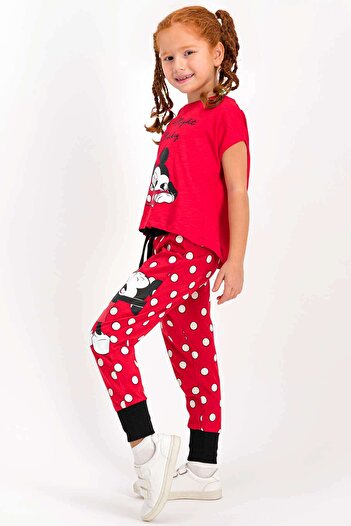 Genel Markalar Mickey Mouse Lisanslı Kırmızı Kısa Kollu Kız Çocuk Pijama Takımı