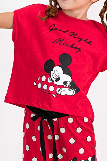 Genel Markalar Mickey Mouse Lisanslı Kırmızı Kısa Kollu Kız Çocuk Pijama Takımı