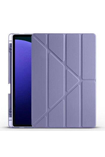 zore Galaxy Tab S9 Plus Case Cml Mobile Tri Folding Stand Case with Pen Compartment-Purple