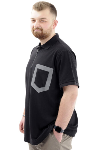ModeXL Plus Size Men's Polo Neck T-Shirt - Zip and Pocket, Black U24325