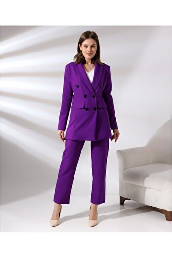 TANE TASARIM Women's Double Breasted Blazer Jacket Cotton Stretch Fabric Trousers Purple Suit 029