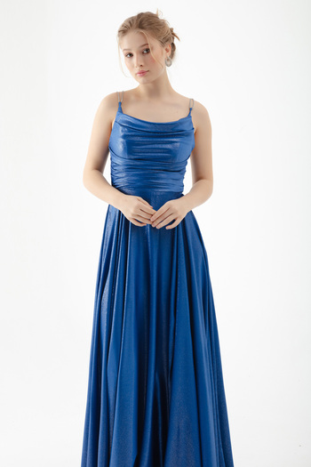 Lafaba Women's Blue Stone Strap Draped Flared Cut Long Evening Dress