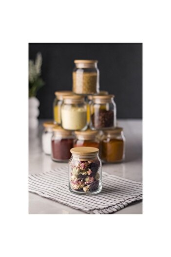 Karçiçeği Home 12-Piece Natural Bamboo Lid, Vacuumed Luxury Glass Spice Set - With Spoon and Label -