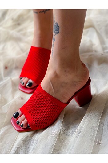 irmona Red Mesh Knitwear Heeled Slippers - ARBI
