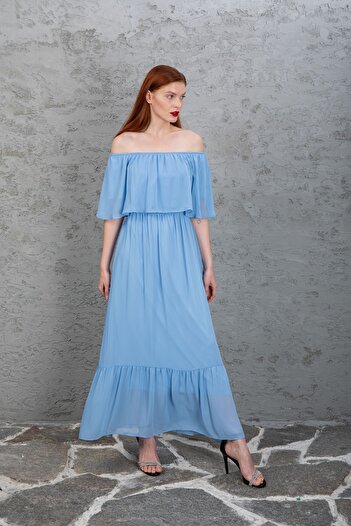 Azra Style Rochie lungă din șifon pentru femei, cu guler, albastru bebeluș, cu volane 4009