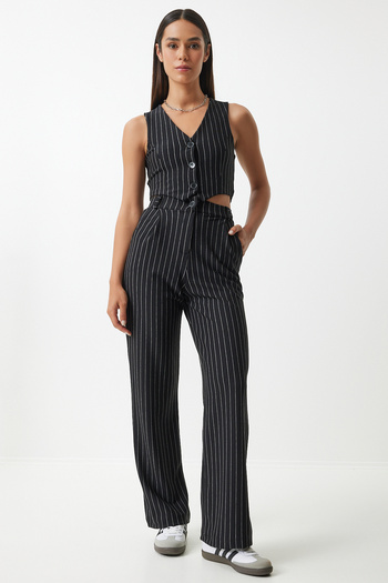 Happiness İstanbul Fekete Pinstripe női kötött mellény és nadrág szett - MC00287